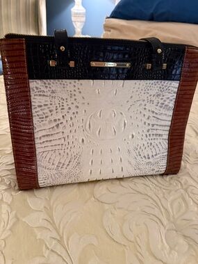Brahmin Tri-Color Croc-Embossed Tote in White, Black & Brown